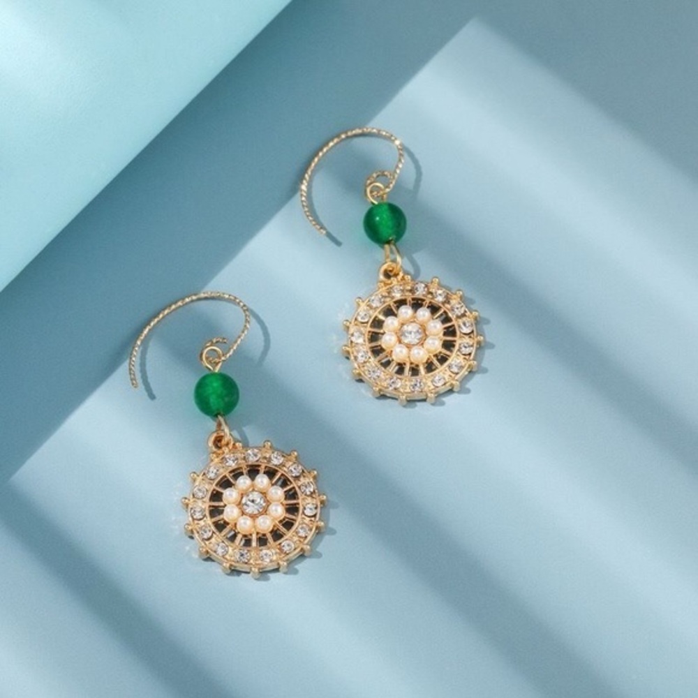 JD Style Accessories Drop Earrings Womens OS Gold Green NEW Pearl Rhinestone Sun
